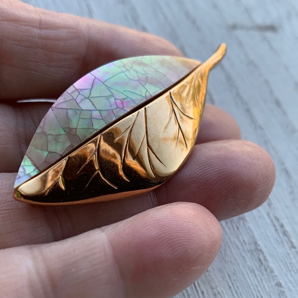 Liz Claiborne Brooch Gold and Mother of Pearl Leaf Shaped